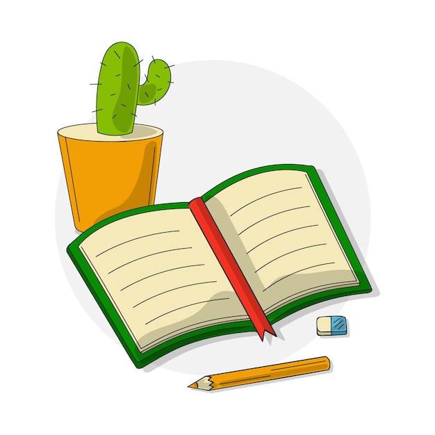 Illustration of learning do your homework open notebook pencil and cactus