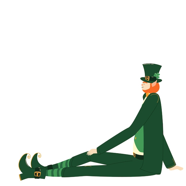 illustration of a leprechaun in a green suit and hat with long arms and legs, cartoon, flat style