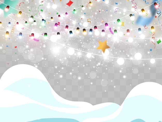 Illustration of a light garland on a snowy background with falling confetti