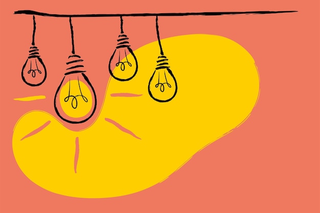 Illustrazione di una lampadina appesa a una mela su sfondo arancione il concetto di idea semplifica