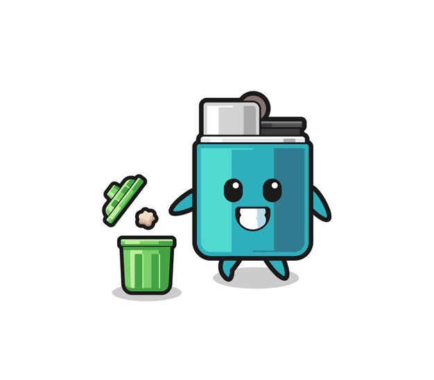 Illustration of the lighter throwing garbage in the trash can cute design