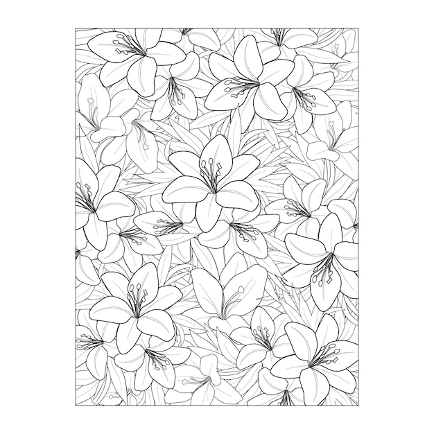 ユリの花植物コレクション手描きのシームレスな花の背景の着色のページのイラスト。