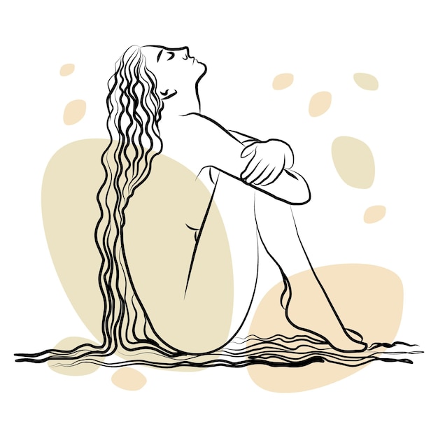 Illustration line art Beautiful naked girl black line with the addition of color spots