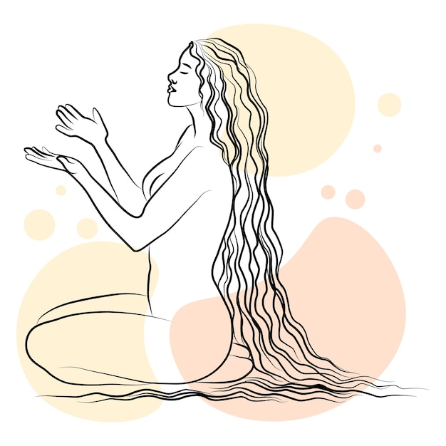 Illustration line art Beautiful naked girl black line with the addition of color spots