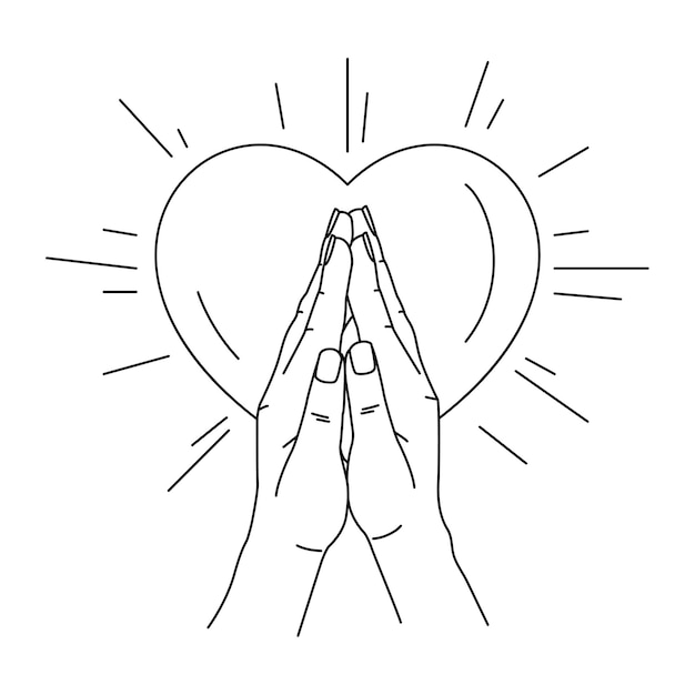 Vettore illustrazione della linea arte pregando mani a forma di cuore.