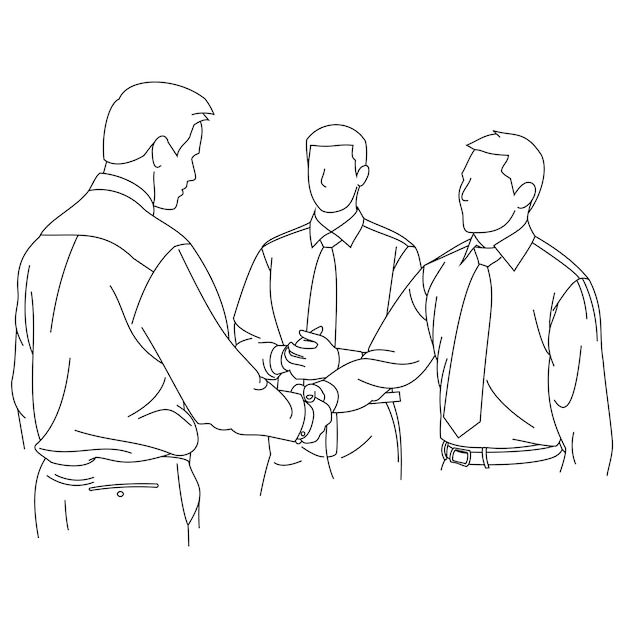 Illustration line drawing a businessman extending his arm for a handshake businessman smiling