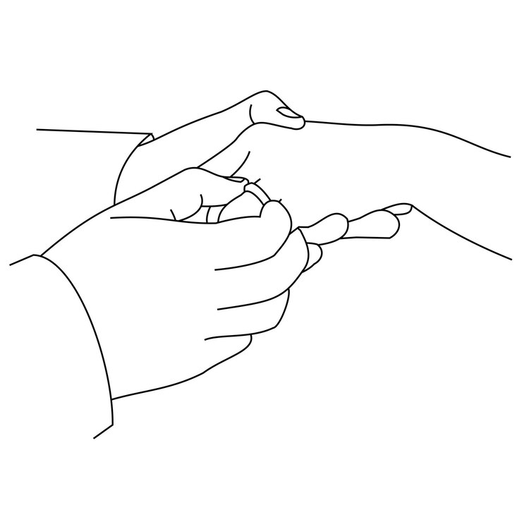 Vector illustration of line drawing a closeup of hands exchanging wedding rings wedding couple hands