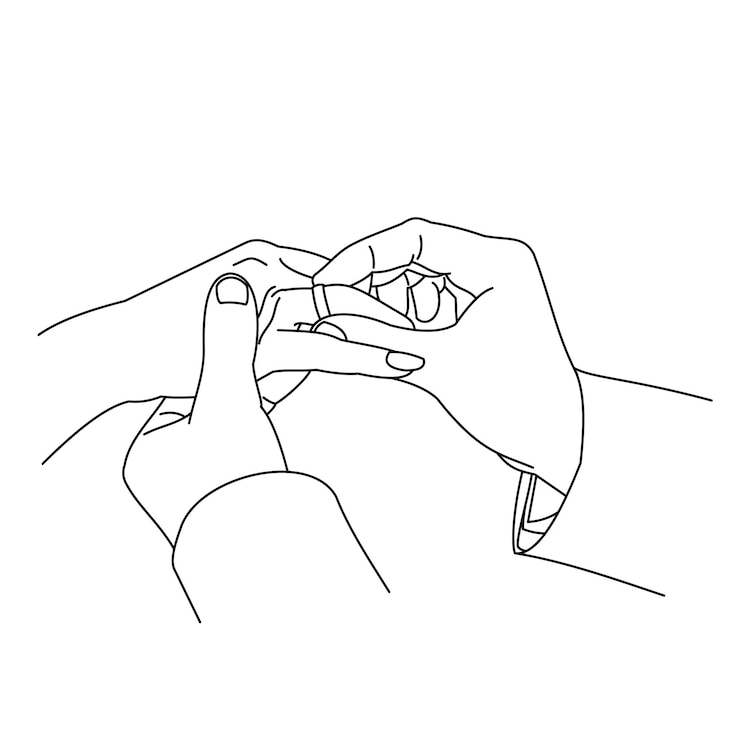 Vector illustration of line drawing a closeup of hands exchanging wedding rings wedding couple hands