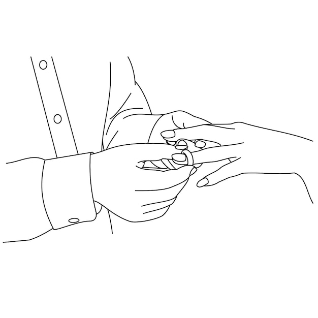 Illustration of line drawing a closeup of hands exchanging wedding rings Wedding couple hands