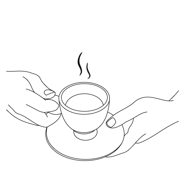 Illustration line drawing a hands holding a fresh cup of coffee or tea hot Cup of italian