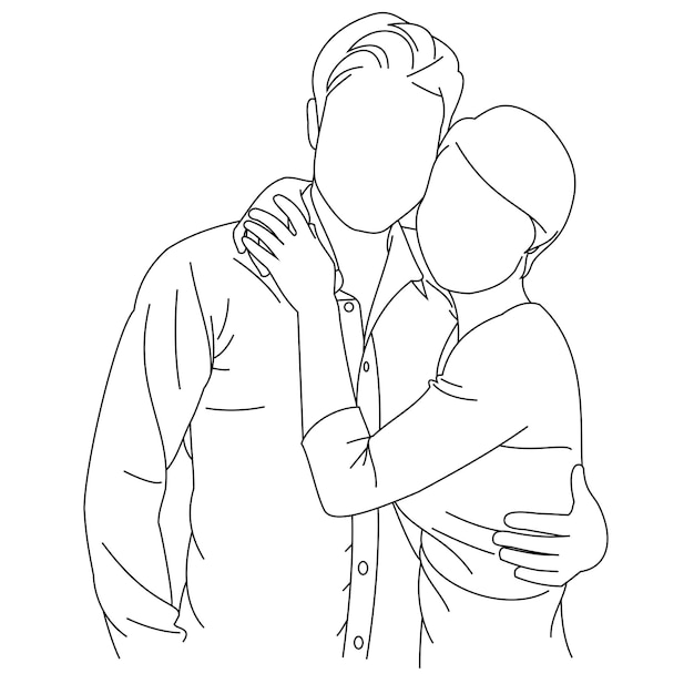 Illustration of line drawing of a happy and loving young couple A romantic man and woman embracing