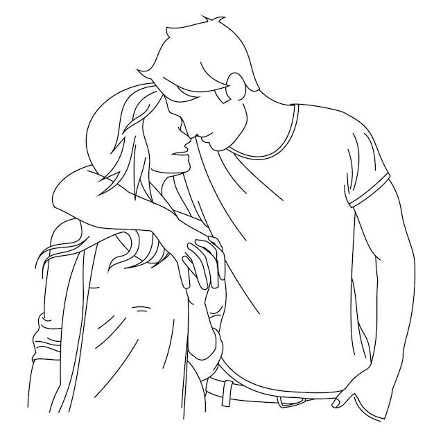 Vector illustration of line drawing of a happy and loving young couple a romantic man and woman embracing