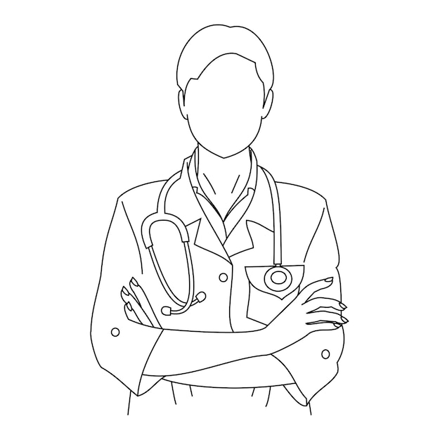 Vector illustration line drawing of a young medical doctor wearing uniform scrubs looking at the camera