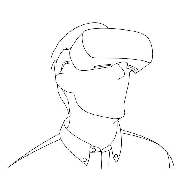 Illustration line drawings of a young man using Virtual Reality glasses Head position looked up