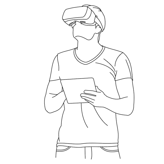 Illustration line drawings of a young man using virtual reality glasses head position looked up