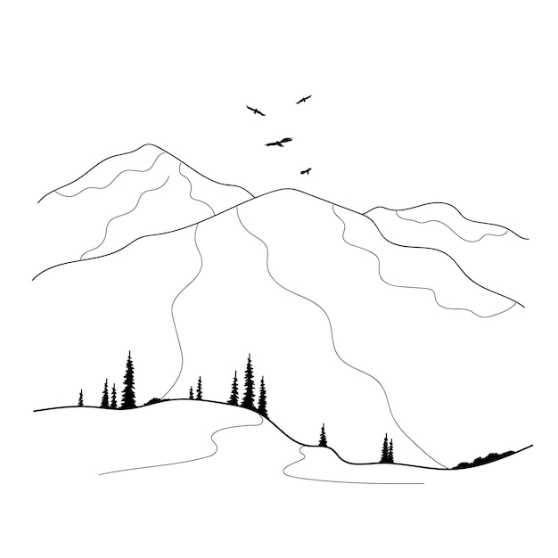 ミニマリスト スケッチ スタイルのイラスト線形風景図は、森の木と山を示しています