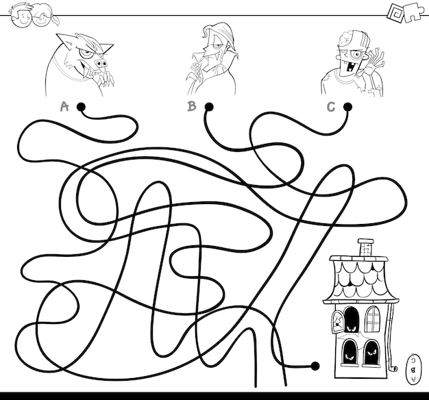 Illustration of lines maze game with halloween characters