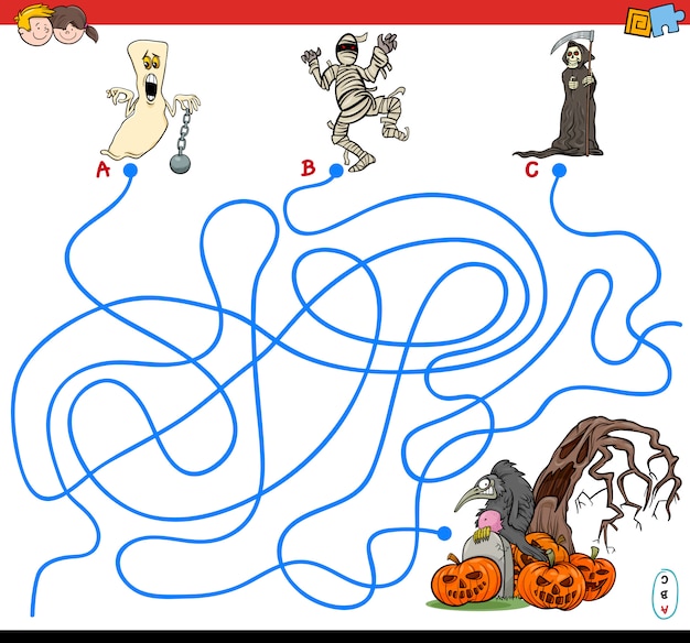 Illustrazione del gioco di labirinto di linee con personaggi di halloween