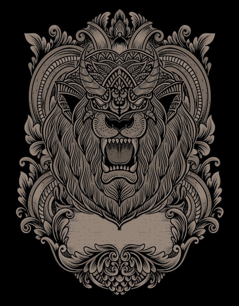 Illustration lion head with antique engraving ornament style