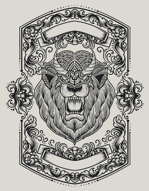 Иллюстрационная голова льва с антикварным орнаментом в стиле гравировки