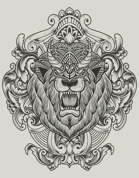 Illustration lion head with antique engraving ornament style