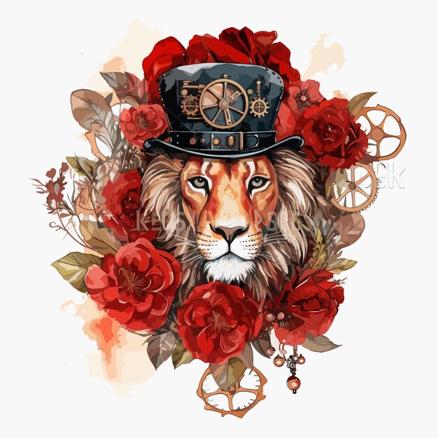 An illustration of a lion wearing a hat with roses and a lion head.