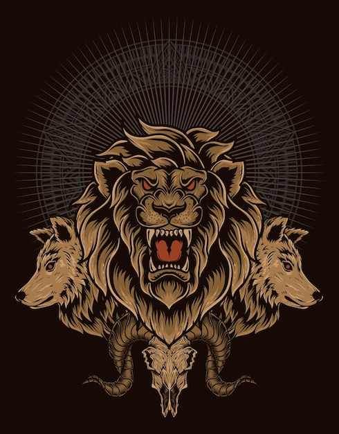 Illustrazione testa di leone e lupo con teschio di capra