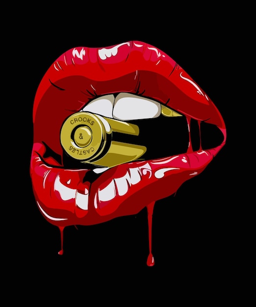 Illustration of a lip that is dripping of make up holding a bullet with its teeth