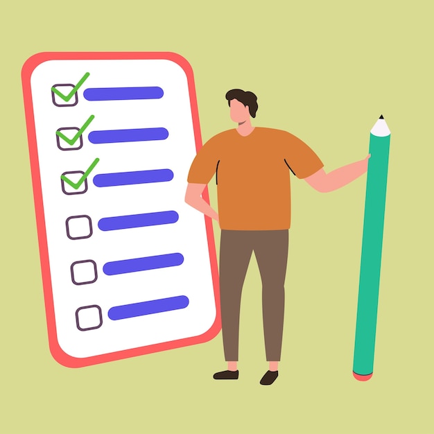 Vector illustration of a list with a man hold a pencil