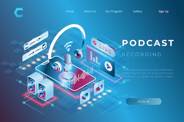 Illustrazione dell'ascolto della musica online tramite il podcast nello stile isometrico 3d