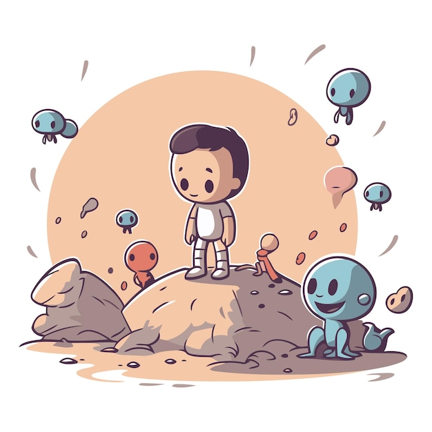 Vector illustration of a little boy looking at his alien friend