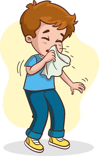 Vector illustration of a little boy sneezing in a tissue