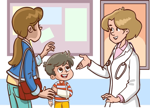 Illustration of a Little Boy Talking to a Female Doctor or Nurse