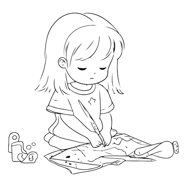 Vector illustration of a little girl doing her homework