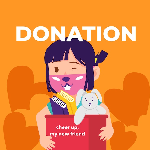 Illustration of little girl donating book and toy