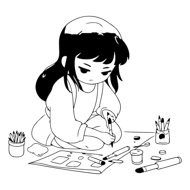 작은 소녀 가 수채화 로 그림 을 그리는 일러스트레이션