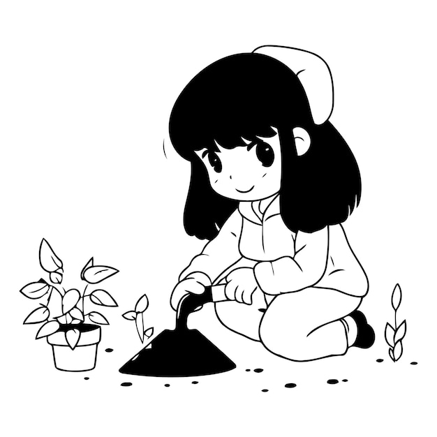 小さな女の子が地面に苗を植えるイラスト