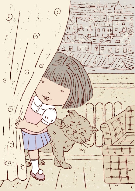 彼女の家でかくれんぼをしている小さな女の子のイラスト