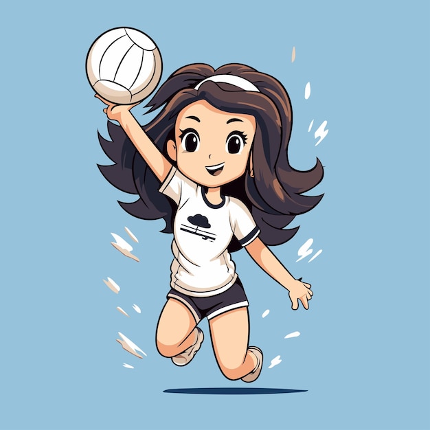 Vector illustration of a little girl playing volleyball on a blue background