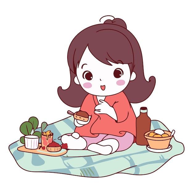 Иллюстрация маленькой девочки, сидящей на кровати и едущей торт