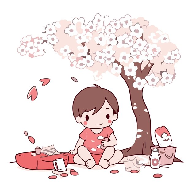 Illustration of a little girl sitting under a cherry tree and playing with her toys