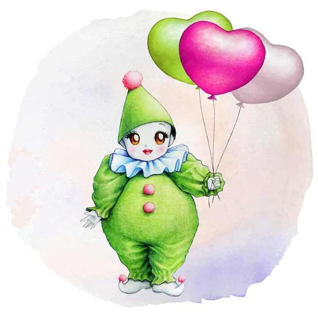 Illustrazione di un piccolo pagliaccio verde con palloncini a cuore