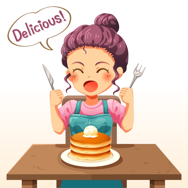 Illustration of a little kid girl eating pancakes