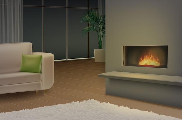 Vector illustration of living room with sofa and fireplace in minimalist style