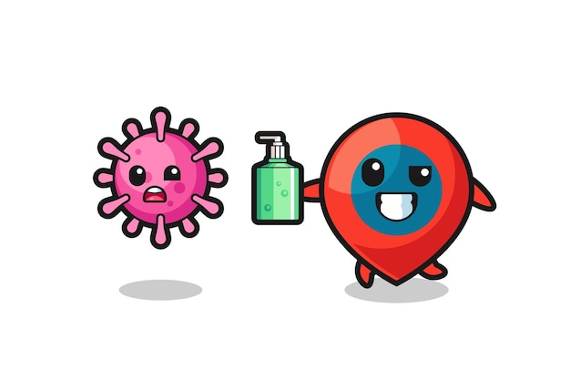 Illustration of location symbol character chasing evil virus with hand sanitizer