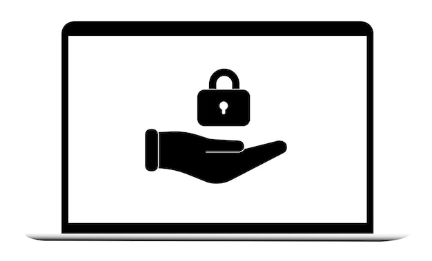 Illustration of a lock above the hand, in the laptop screen