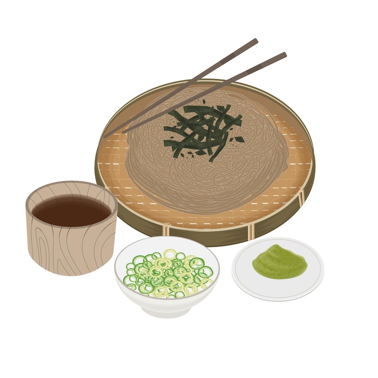 Vector illustration logo clipart fresh japanese soba with bamboo weave plate zaru soba or mori soba