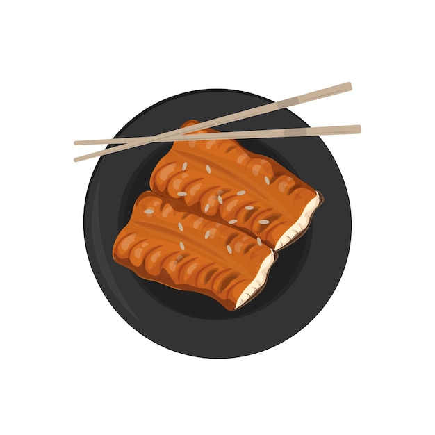 Vector illustration logo of japanese kabayaki unagi grilled eel slice on a black plate