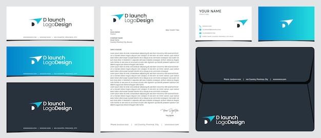 편지지 명함 및 소셜 미디어 배너 De가 있는 일러스트레이션 로고 및 이니셜 D