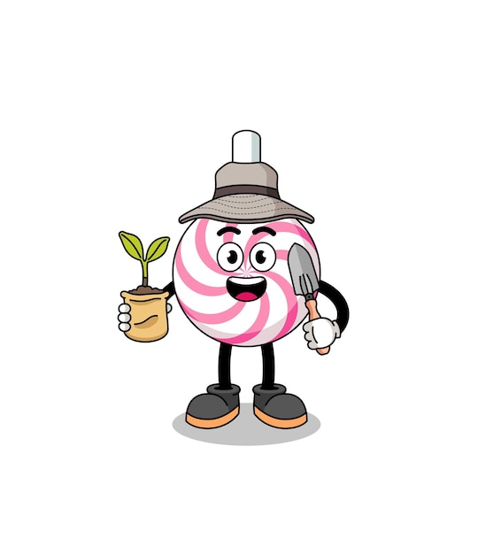 Illustration of lollipop spiral cartoon holding a plant seed